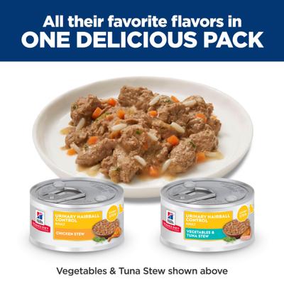 Show full view: Hill's Science Diet Adult Urinary & Hairball Control Chicken & Tuna Variety Pack Stew Wet Cat Food, 2.9-oz Can, 12 count slide 4 of 10