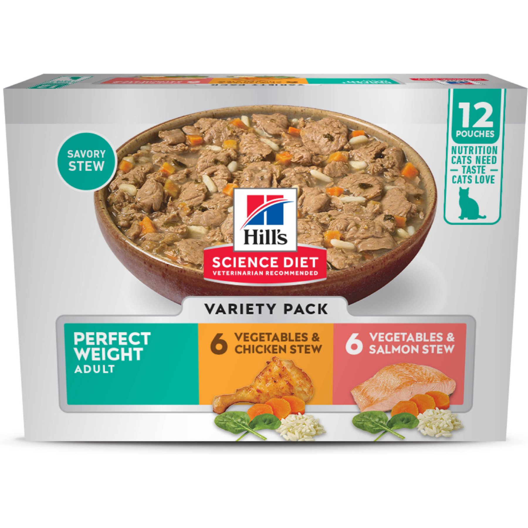 Hill's Science Diet Perfect Weight Chicken & Salmon Variety Pack Stew Wet Cat Food, 2.8-oz Pouch, 12 count