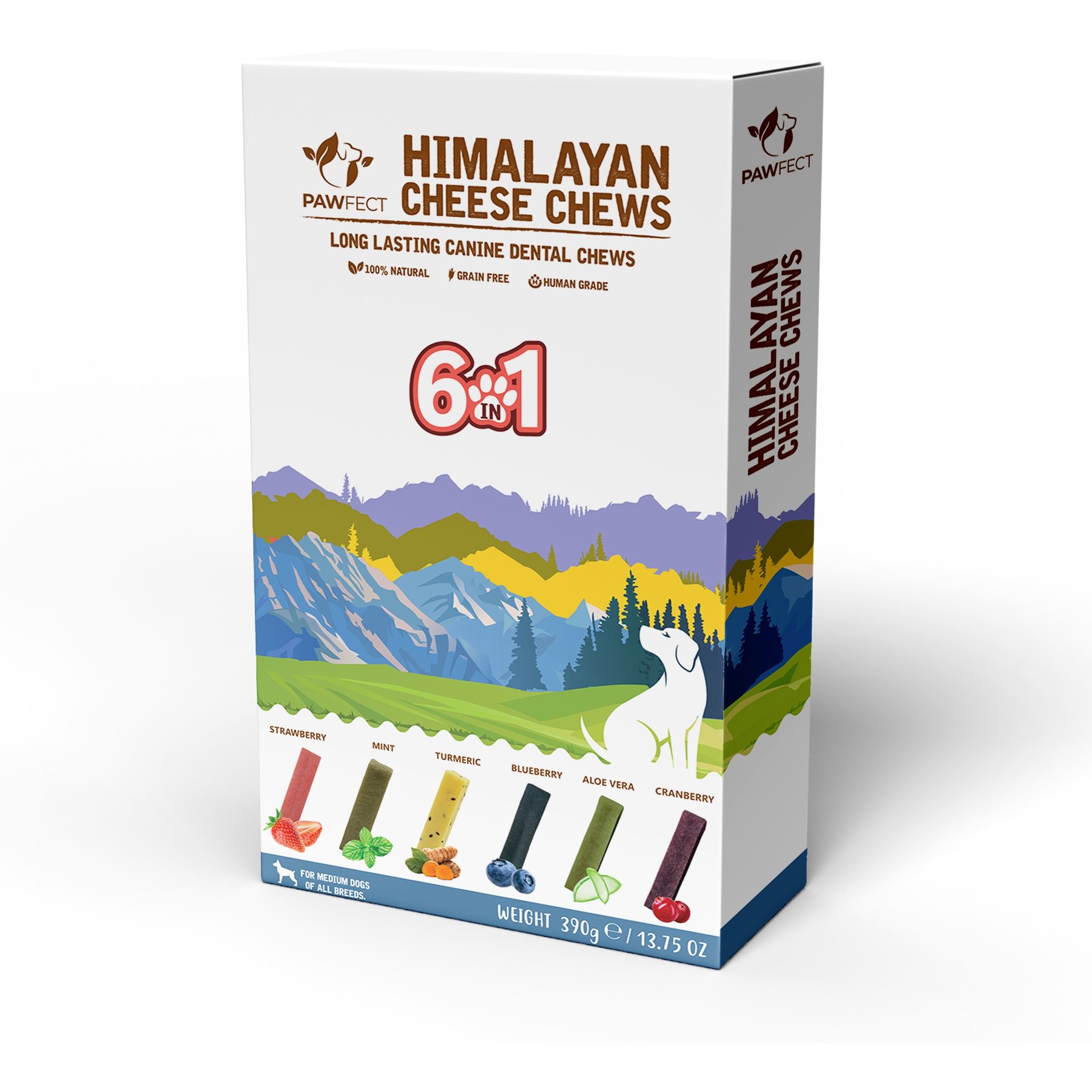 Pawfect Himalayan Yak Cheese Large Long-Lasting All-Natural Variety Pack with Strawberry Mint Turmeric & Flaxseed Blueberry Aloe Vera Cranberry Dental Dog Treats, Medium, 6 count