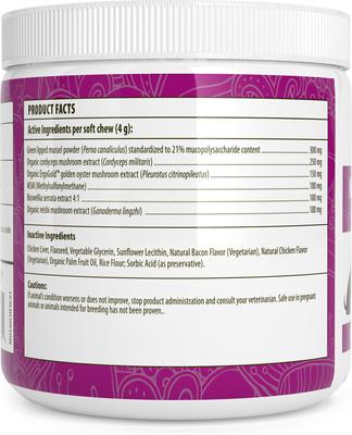 Show full view: Real Mushrooms Mushroom Mobility Bacon Flavored Joint Support Chew Supplement for Dogs & Cats, 60 count slide 4 of 5