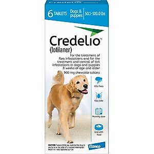 Credelio Chewable Tablet for Dogs, 50.1-100 lbs, (Blue Box), 6 Chewable Tablets (6-mos. supply)