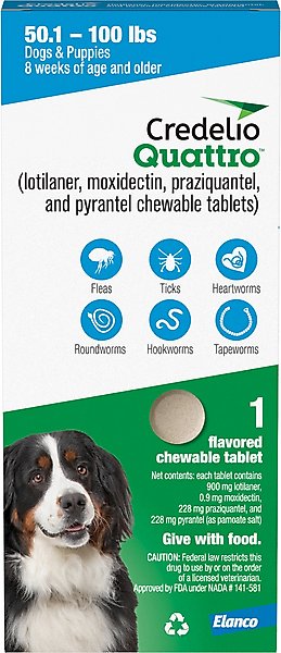 Credelio Quattro Chewable Tablets for Dogs, 50.1-100 lbs