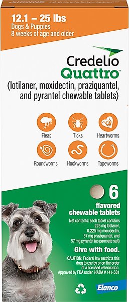 Show full view: Credelio Quattro Chewable Tablets for Dogs, 12.1-25 lbs, 6 Chewables (6-mos. supply) slide 1 of 7