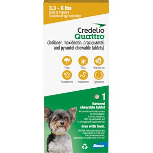 Credelio Quattro Chewable Tablets for Dogs, 3.3-6 lbs, 1 Chewable (1-mo. supply)