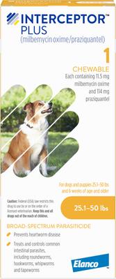 Interceptor Plus Chew for Dogs, 25.1-50 lbs, (Yellow Box)