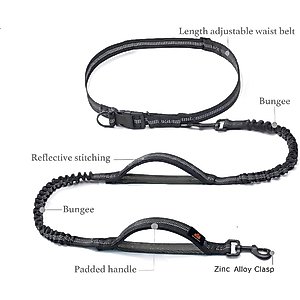GroovyPets Bungee Hands-Free Reflective Running Dog Leash with Carrying Case, Large: 51 to 68-in long, 1-in wide, Black