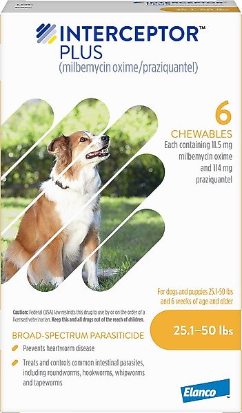 Show full view: Interceptor Plus Chew for Dogs, 25.1-50 lbs, (Yellow Box), 6 Chews (6-mos. supply) slide 1 of 11