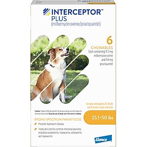 Interceptor Plus Chew for Dogs, 25.1-50 lbs, (Yellow Box), 6 Chews (6-mos. supply)