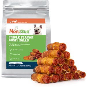 MON2SUN Triple Flavor Chicken Wrapped Duck & Beef Rolls 3-inch Rawhide-Free Dog Treats, 16 count