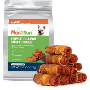 MON2SUN Triple Flavor Chicken Wrapped Duck & Beef Rolls 3-inch Rawhide-Free Dog Treats, 10 count