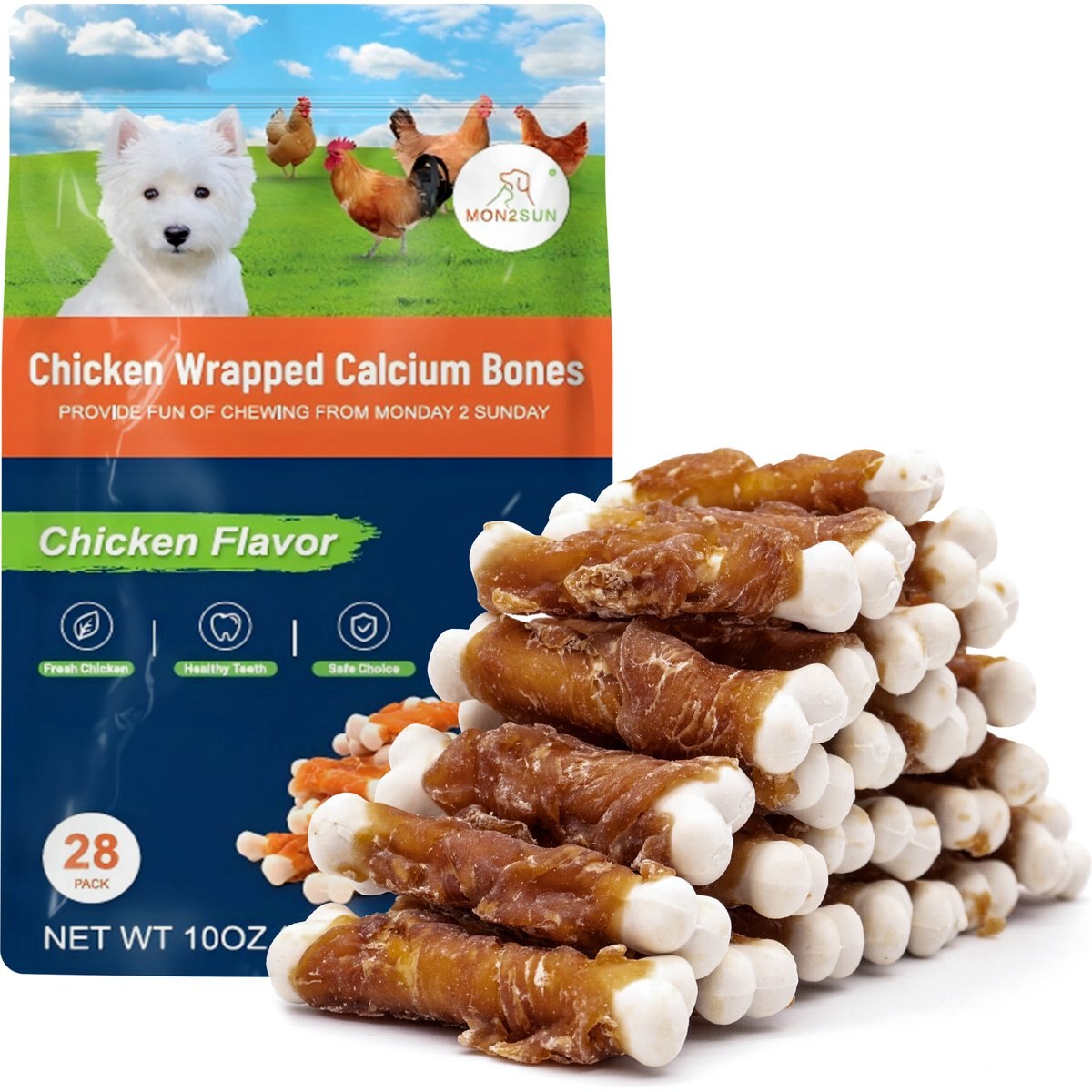 MON2SUN Chicken Wrapped Calcium Bones 2.3-inch Rawhide-Free Dog Treats, 28 count