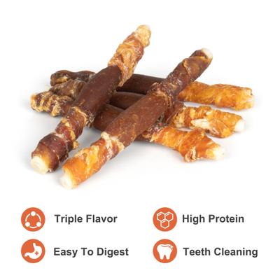 Show full view: MON2SUN Triple Flavor Chicken Liver Duck & Chicken Wrapped Rawhide Sticks 5-inch Dog Treats, 30 count slide 6 of 11