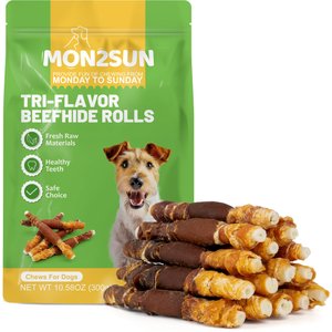 MON2SUN Triple Flavor Chicken Liver Duck & Chicken Wrapped Rawhide Sticks 5-inch Dog Treats, 15 count