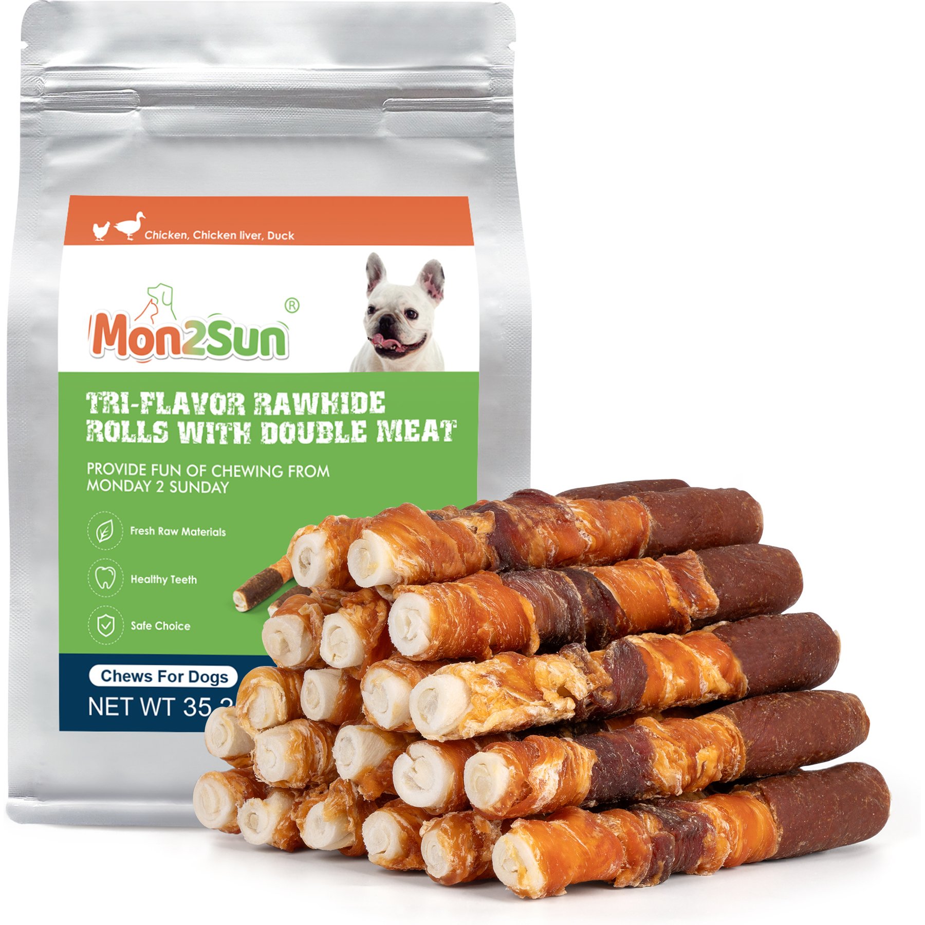 MON2SUN Triple Flavor Chicken Liver Duck & Chicken Wrapped Rawhide Sticks 6-inch Dog Treats, 20 count