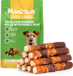 MON2SUN Triple Flavor Chicken Liver Duck & Chicken Wrapped Rawhide Sticks 6-inch Dog Treats, 10 count