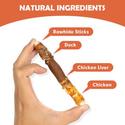 Show full view: MON2SUN Triple Flavor Chicken Liver Duck & Chicken Wrapped Rawhide Sticks 5-inch Dog Treats, 30 count slide 4 of 11