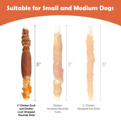 Show full view: MON2SUN Triple Flavor Chicken Liver Duck & Chicken Wrapped Rawhide Sticks 5-inch Dog Treats, 30 count slide 5 of 11