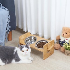 BingoPaw Raised Bowl Station Bamboo Stand & Stainless Bowls for Dogs