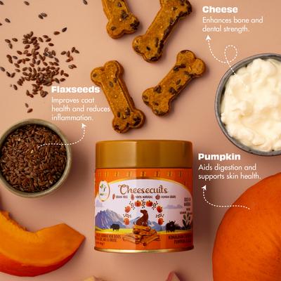 Show full view: Pawfect All Natural Grain-Free Cheese Biscuits with Pumpkin, Flaxseed & Eggs Crunchy Dog Training Treats, 3.53-oz tin slide 4 of 9