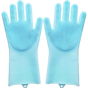 Pet Republique Long Sleeve Silicone Bathing Gloves with Foam Scrubbing Bristles for Dogs & Cats, Medium