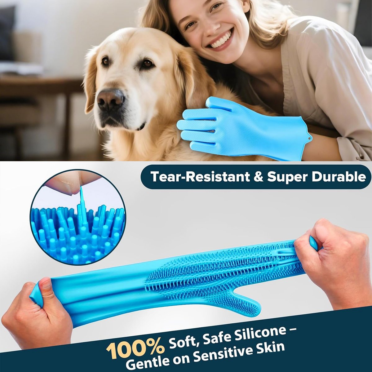 Pet Republique Long Sleeve Silicone Bathing Gloves with Foam Scrubbing Bristles for Dogs & Cats