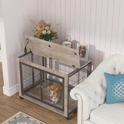 Show full view: Zeus & Ruta Furntiure Style Side Table Double Door Dog Crate, Gray slide 4 of 6