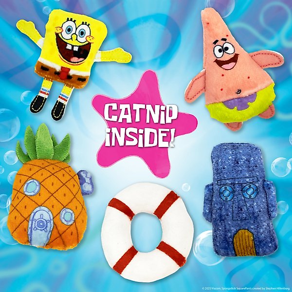 Show full view: SpongeBob Bikini Bottom Cat Plush Toys with Catnip, Yellow, 5-Pack slide 2 of 6