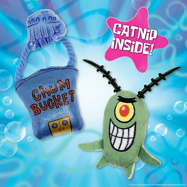 Show full view: SpongeBob Plankton & Chum Bucket Cat Plush Toy with Catnip, Grey, 2-Pack slide 2 of 6