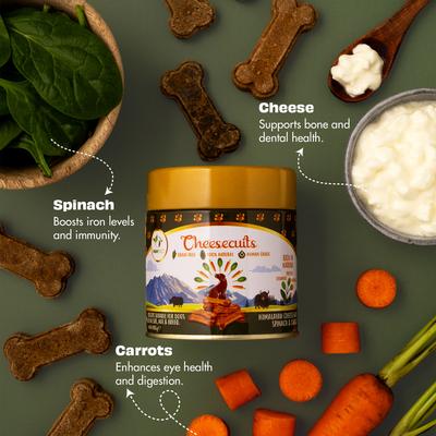 Show full view: Pawfect All Natural Cheese Biscuits with Grain-Free Carrot, Spinach & Eggs Crunchy Dog Training Treats, 3.53-oz tin slide 4 of 9