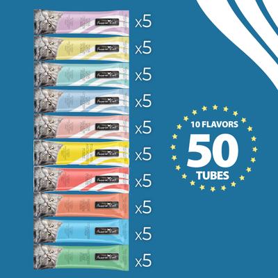 Show full view: Fussie Cat Tuna 10 Flavors Variety Lickable Cat Treats, 0.5-oz tube, 50 count slide 4 of 9