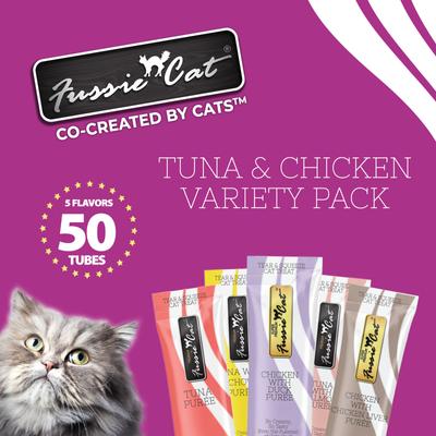 Show full view: Fussie Cat Tuna & Chicken 5 Flavors Variety Lickable Cat Treats, 0.5-oz tube, 50 count slide 3 of 9