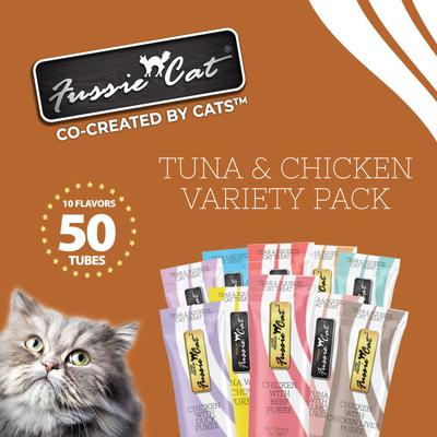 Show full view: Fussie Cat Tuna & Chicken 10 Flavors Variety Lickable Cat Treats, 0.5-oz tube, 50 count slide 3 of 9