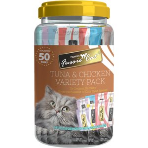 Fussie Cat Tuna & Chicken 10 Flavors Variety Lickable Cat Treats, 0.5-oz tube, 50 count