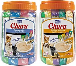 Variety Pack - Inaba Churu Tuna & Chicken Varieties Puree Grain-Free Lickable Cat Treat, 0.5oz tube, pack of 50, Chicken Variety & Tuna Variety Flavors