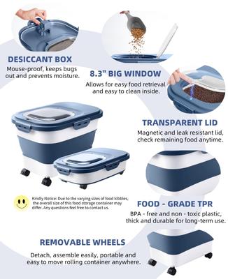 Show full view: DDMOMMY Collapsible Dog & Cat Food Storage Container with Wheels, Airtight Lids, Scoop & Silicone Bowl, Blue/White, 23-lb capacity slide 8 of 9