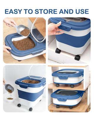 Show full view: DDMOMMY Collapsible Dog & Cat Food Storage Container with Wheels, Airtight Lids, Scoop & Silicone Bowl, Blue/White, 23-lb capacity slide 5 of 9