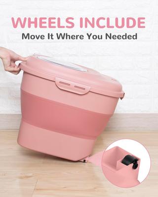 Show full view: DDMOMMY Collapsible Dog & Cat Food Container with Wheels, Airtight Lids, Scoop & 2 Storage Containers, Pink, 35-lbs slide 7 of 10