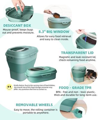Show full view: DDMOMMY Collapsible Dog & Cat Food Storage Container with Wheels, Airtight Lids, Scoop & 2 Storage Containers, Green, 35-lbs slide 7 of 10
