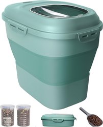 DDMOMMY Collapsible Dog & Cat Food Storage Container with Wheels, Airtight Lids, Scoop & 2 Storage Containers, Green, 35-lbs