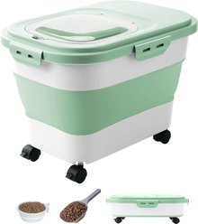 DDMOMMY Collapsible Dog & Cat Food Storage Container with Wheels, Scoop & Travel Silicone Bowl, Green/White, 23-lb capacity