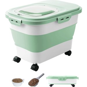 DDMOMMY Collapsible Dog & Cat Food Storage Container with Wheels, Scoop & Travel Silicone Bowl, Green/White, 23-lb capacity
