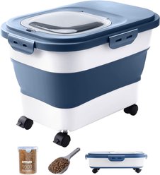 DDMOMMY Collapsible Dog & Cat Food Storage Container with Wheels, Airtight Lids, Scoop & Silicone Bowl, Blue/White, 23-lb capacity
