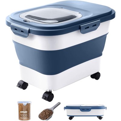 DDMOMMY DDMOMMY Collapsible Dog & Cat Food Storage Container with Wheels, Airtight Lids, Scoop & Silicone Bowl, Blue/White, 23-lb capacity
