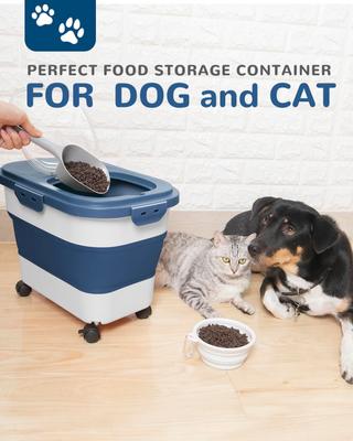 Show full view: DDMOMMY Collapsible Dog & Cat Food Storage Container with Wheels, Airtight Lids, Scoop & Silicone Bowl, Blue/White, 23-lb capacity slide 2 of 9