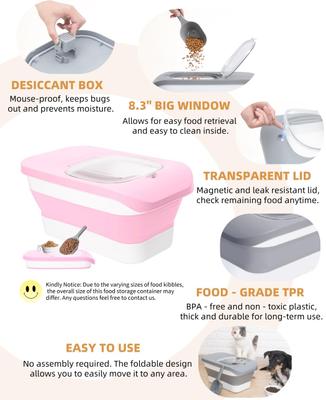 Show full view: DDMOMMY Collapsible Dog & Cat Food Storage Container with Airtight Lid, Scoop & Silicone Bowl, Pink/White, 13-lb capacity slide 7 of 9