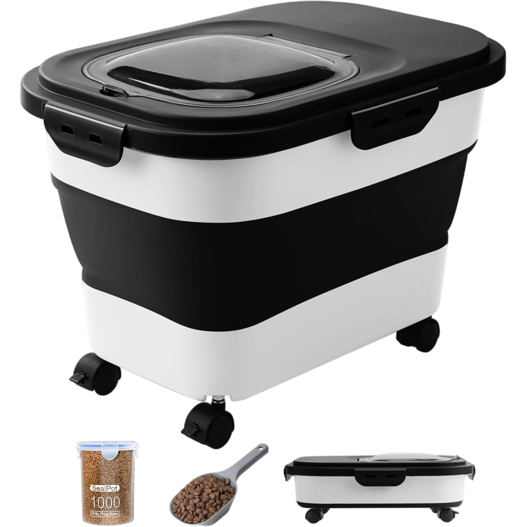 DDMOMMY Dog & Cat Food Container with Casters, Scoop & Travel Bowl, Black, 23-lb capacity