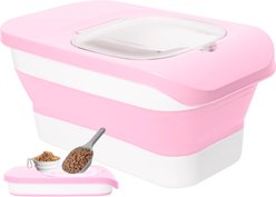 DDMOMMY Collapsible Dog & Cat Food Storage Container with Airtight Lid, Scoop & Silicone Bowl, Pink/White, 13-lb capacity