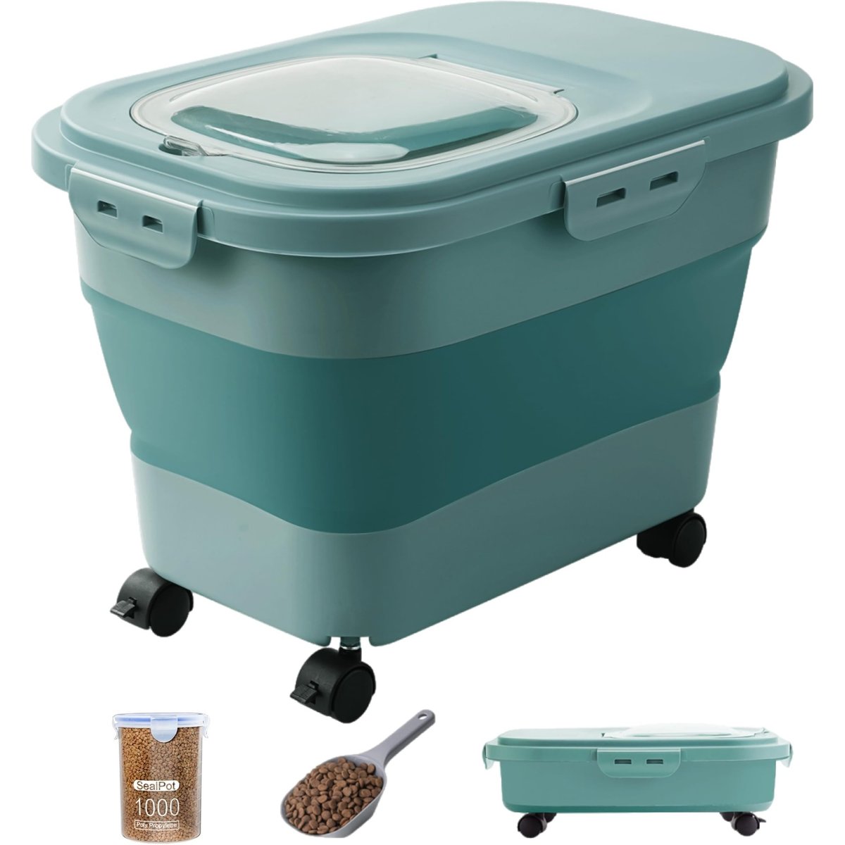 DDMOMMY Dog& Cat Food Container with Casters, Scoop & Travel Bowl, Green, 23-lb capacity