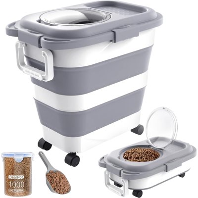 DDMOMMY DDMOMMY Collapsible Dog & Cat Food Container with Casters, Scoop & Travel Bowl, Grey, 23-lb capacity