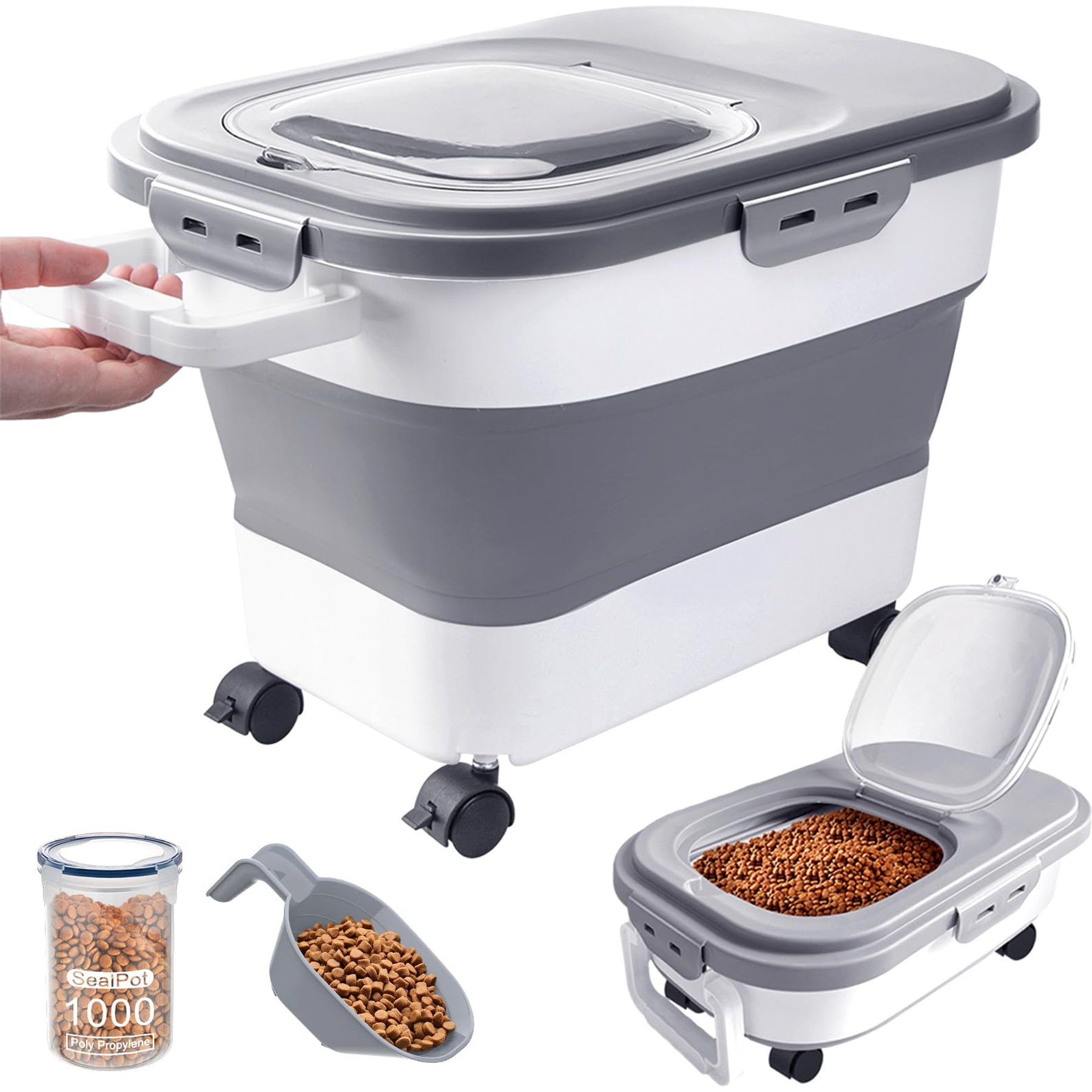 DDMOMMY Airtight Dog & Cat Food Storage Container with Lid, Wheels & Scoop, Grey, 23-lb capacity